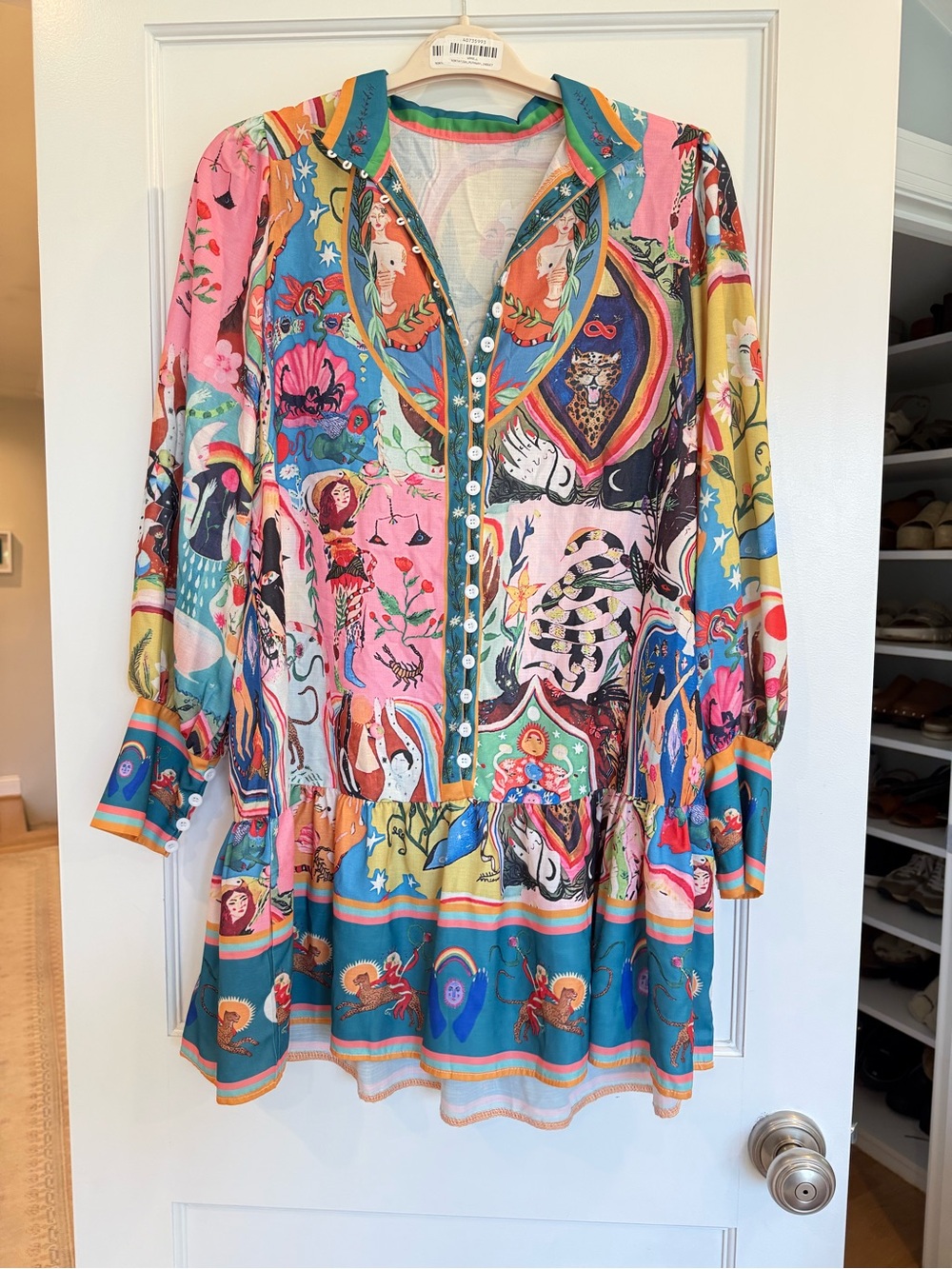 Alemais Inspired Multicolor Pink Blue Yellow Printed Button-Front Mini Dress - Picture 2 of 2